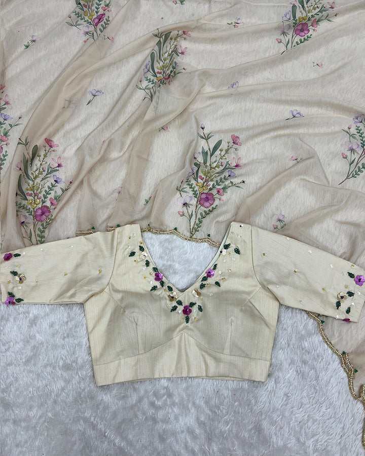 Off-White Color Tebby Silk Floral Printed Saree