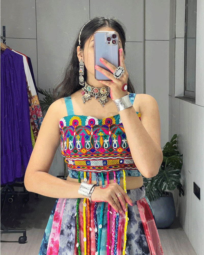 Multi Color Georgette Shibori Printed Navratri Lehenga Choli
