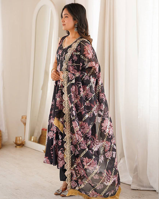 black Color Pure Muslin Cotton Three Piece Anarkali Suit