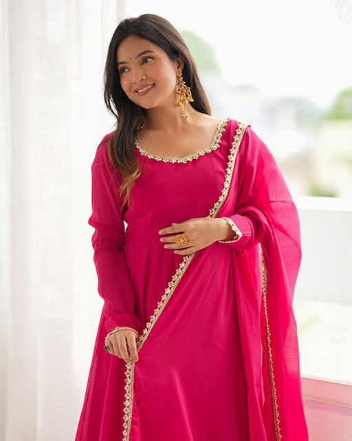 Rani Pink Color Pure Mal Chanderi Anarkali Suit