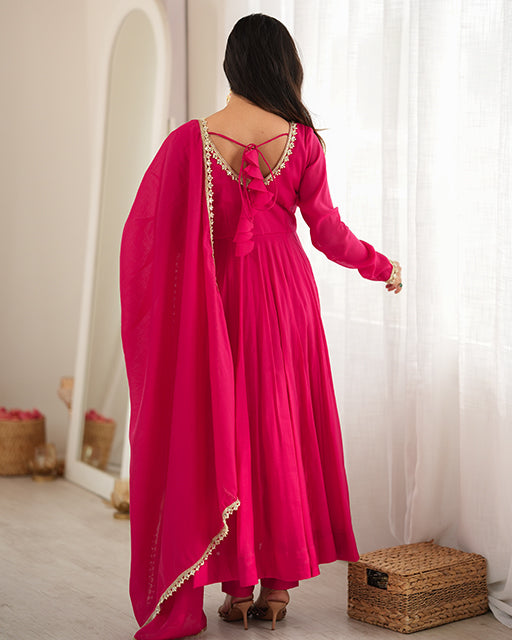 Rani Pink Color Pure Mal Chanderi Anarkali Suit