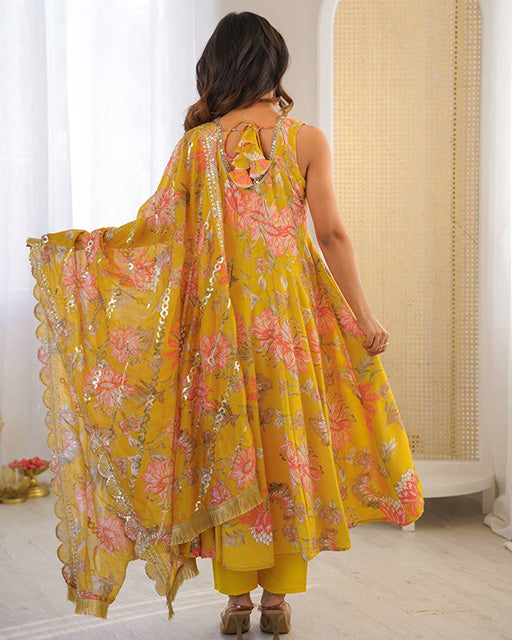 Yellow Color Pure Muslin Cotton Three Piece Anarkali Suit