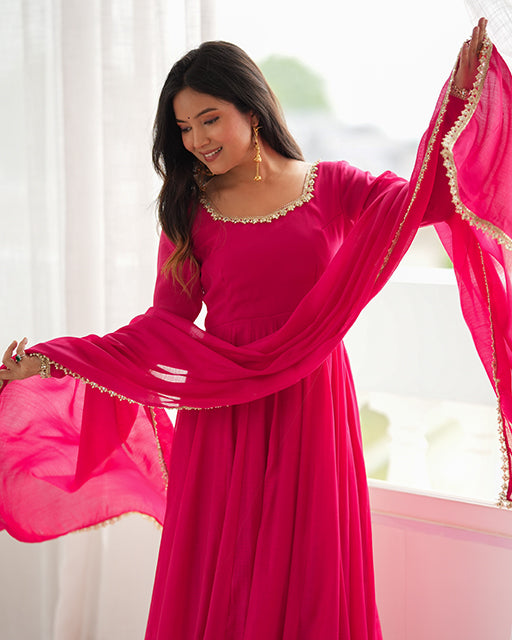 Rani Pink Color Pure Mal Chanderi Anarkali Suit