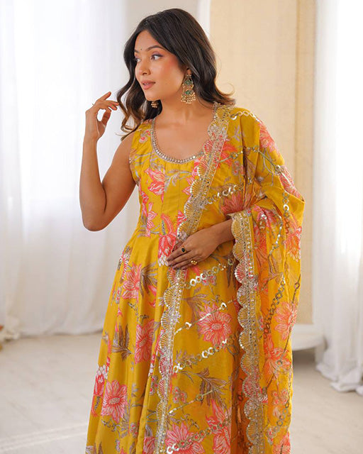 Yellow Color Pure Muslin Cotton Three Piece Anarkali Suit