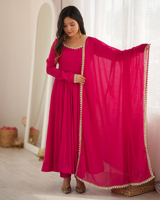 Rani Pink Color Pure Mal Chanderi Anarkali Suit