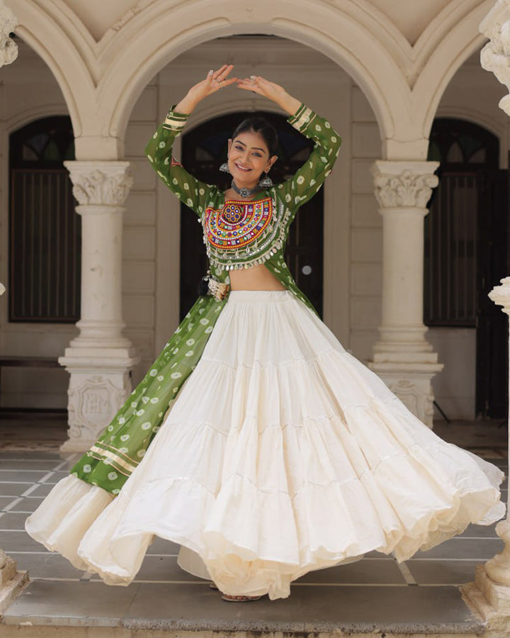Parrot Green Bandhani Print Gamthi Jacket Choli With Off-White Flared Lehenga
