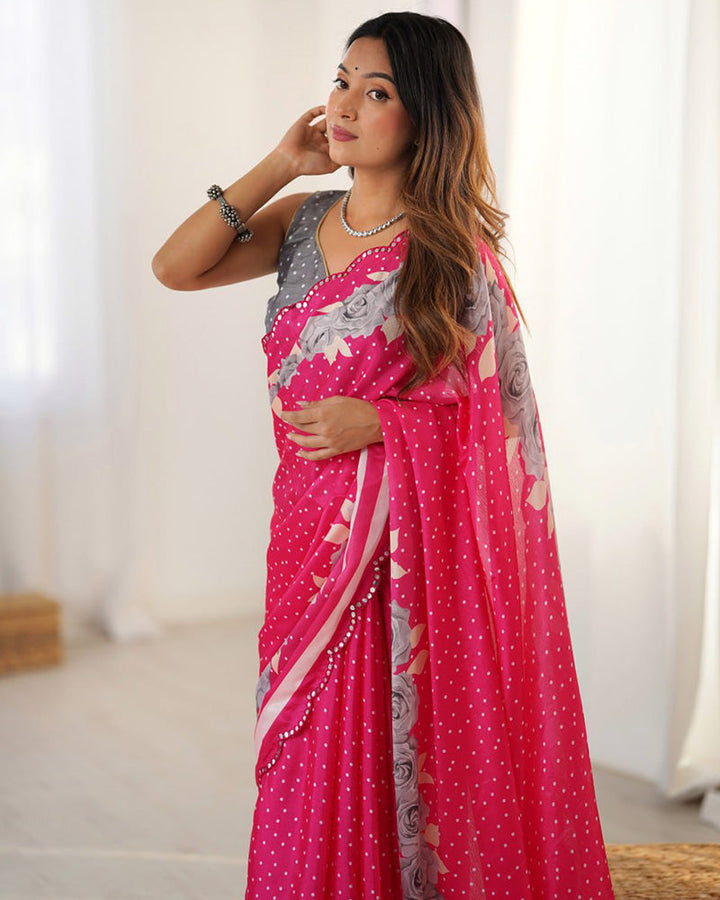 Rani Pink Color Chinnon Silk Digital Printed Saree
