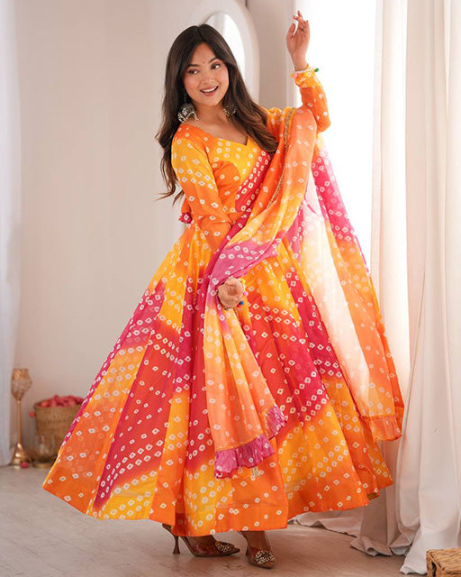 Yellow Color Bandhani Printed Tebby Organza Anarkali Suit