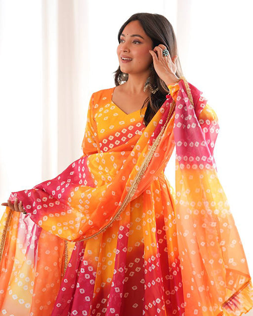 Yellow Color Bandhani Printed Tebby Organza Anarkali Suit