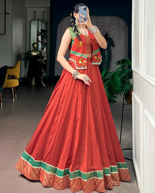 Rust Orange Color Pure Chanderi Navratri Lehenga Choli