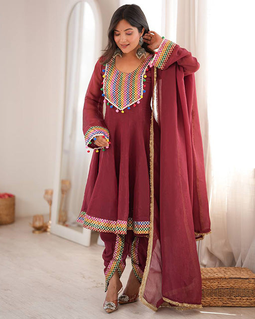 Dusty Maroon Color Crunchy Silk Three Piece Suit