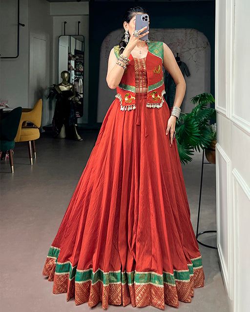 Rust Orange Color Pure Chanderi Navratri Lehenga Choli