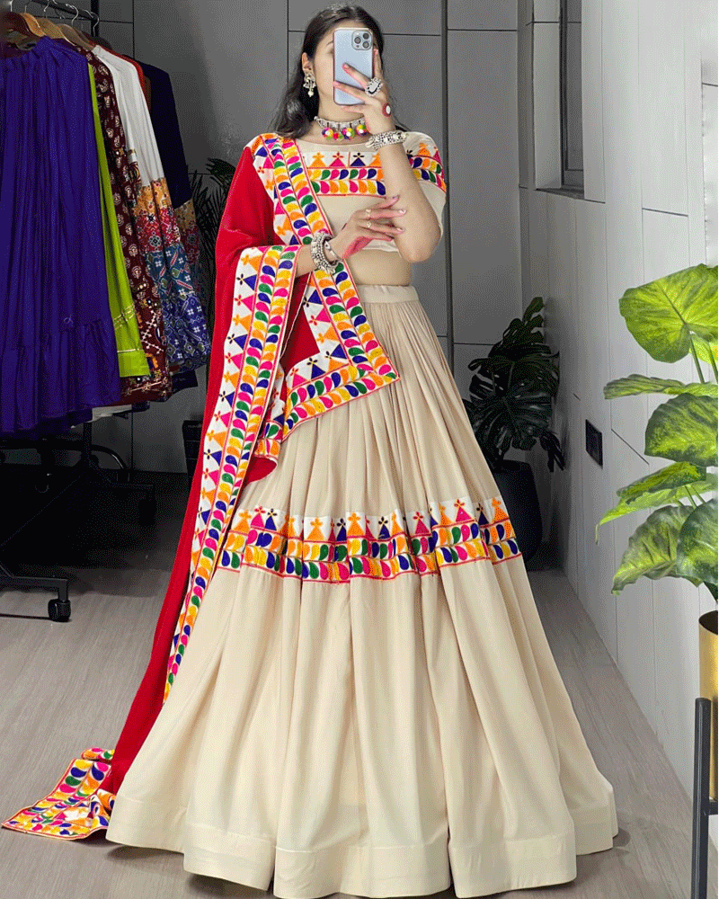 Cream And Maroon Color Rayon Cotton Navratri Lehenga Choli