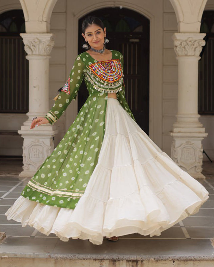 Parrot Green Bandhani Print Gamthi Jacket Choli With Off-White Flared Lehenga