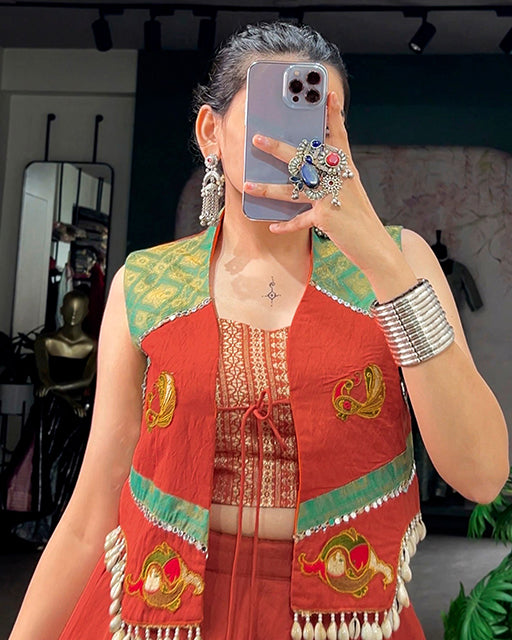 Rust Orange Color Pure Chanderi Navratri Lehenga Choli