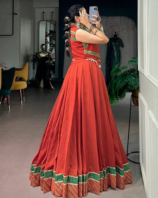 Rust Orange Color Pure Chanderi Navratri Lehenga Choli