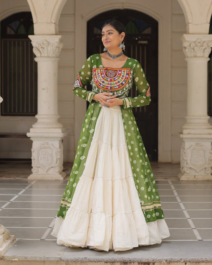 Parrot Green Bandhani Print Gamthi Jacket Choli With Off-White Flared Lehenga