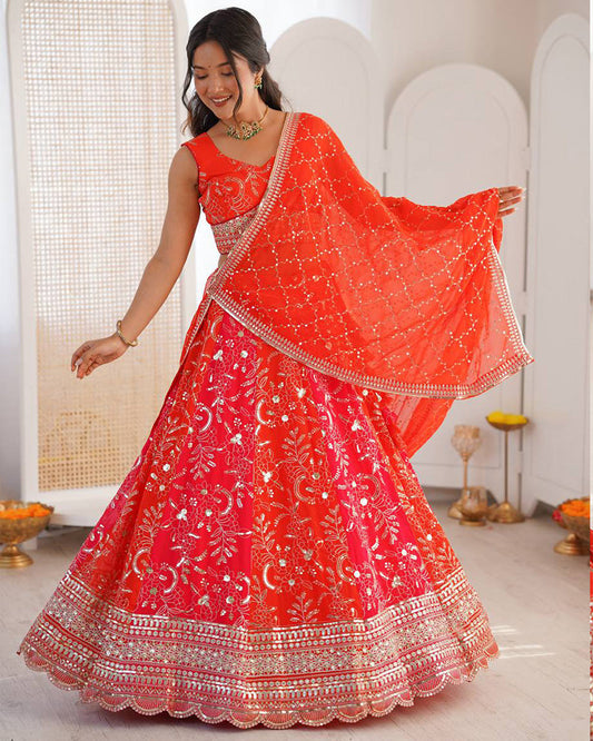 Orange Color Faux Georgette Embroidered Sequence Lehenga Choli