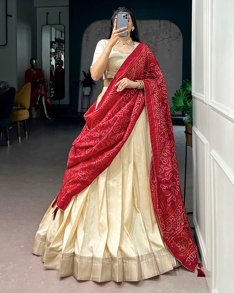 Off-White Color Poly Kotha Tasar Silk Half Saree