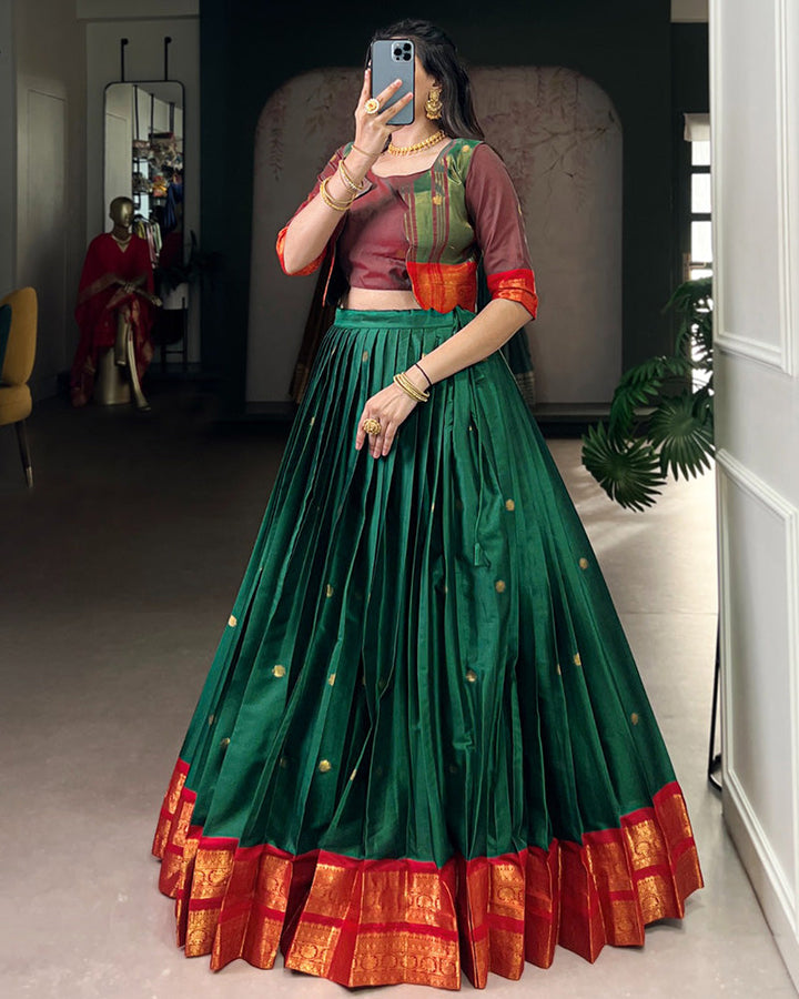 Green Color Poly Cotton Zari Weaving Lehenga Choli