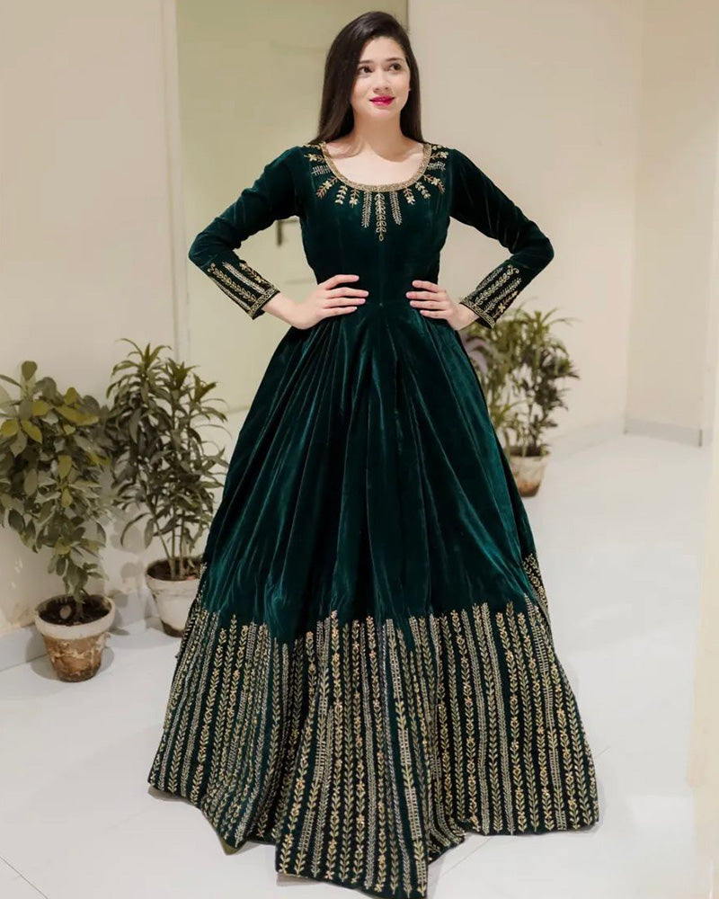 Bottle Green Color Viscose Velvet Embroidered Anarkali Suit