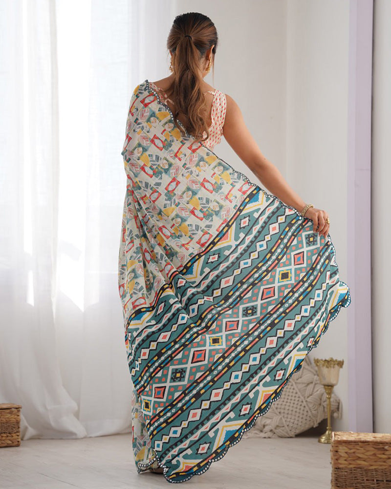 Off-White Color Chinnon Silk Printed Saree