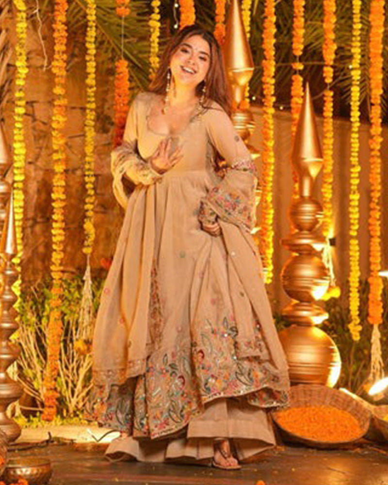 Cream Color Crunchy Silk Embroidered Sharara Suit