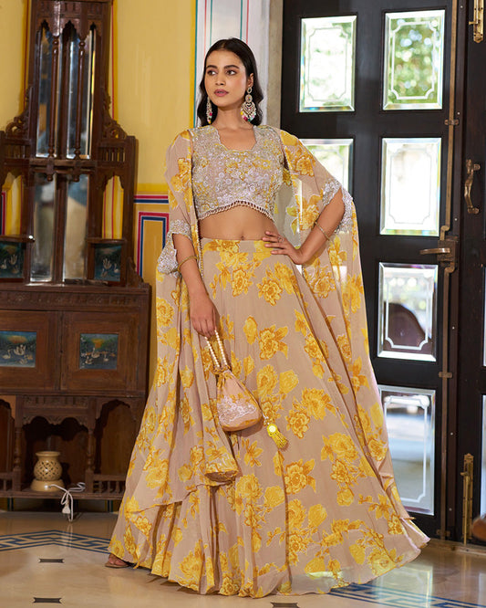 Mustard Color Georgette Embroidered Lehenga Choli