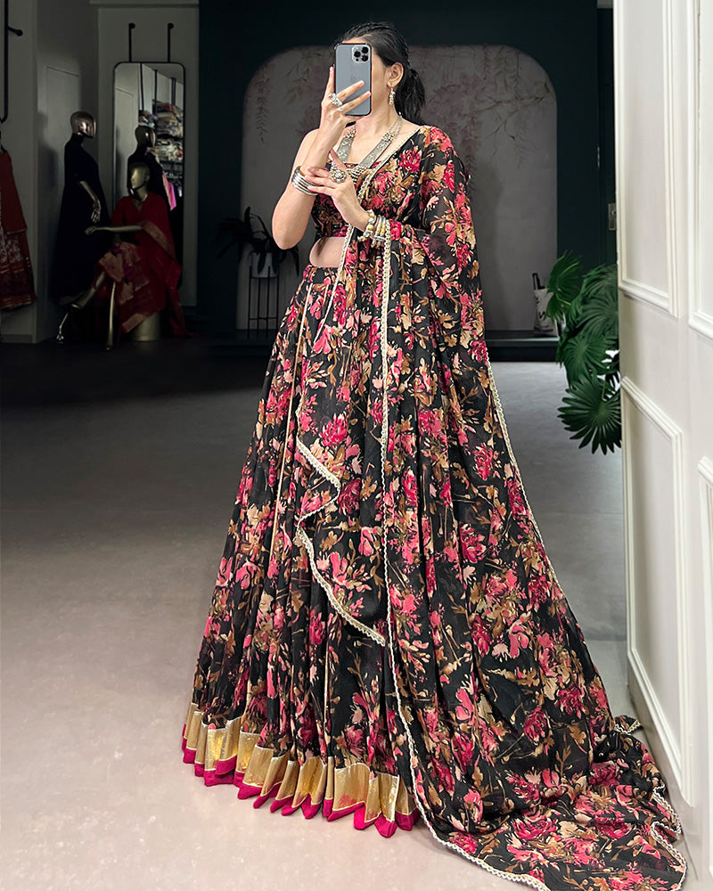 Black Color Chiffon Floral And Foil Printed Lehenga Choli
