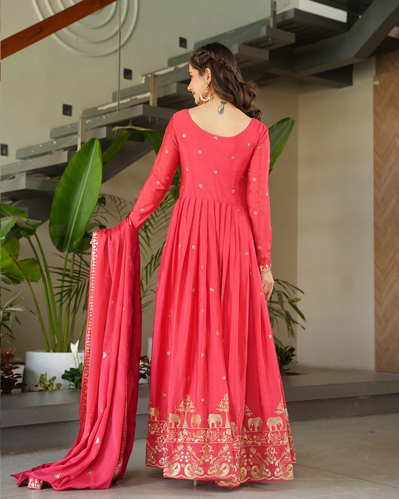 Peach Color Chinon Silk Gown With Embroidered Dupatta