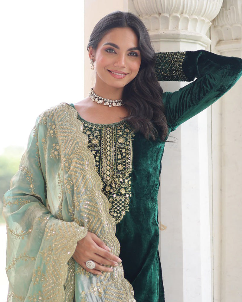 Green Color Velvet Three Piece Kurti Suit