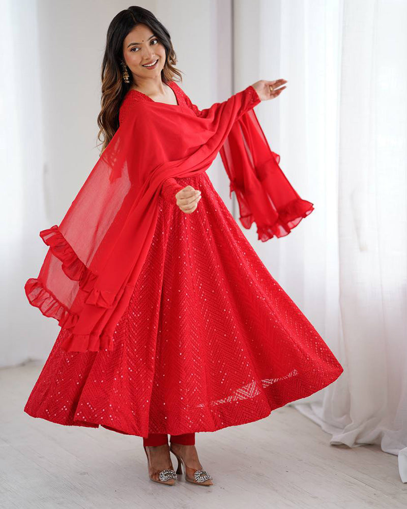 Red Color Soft Georgette Embroidered Lucknowi Anarkali Suit