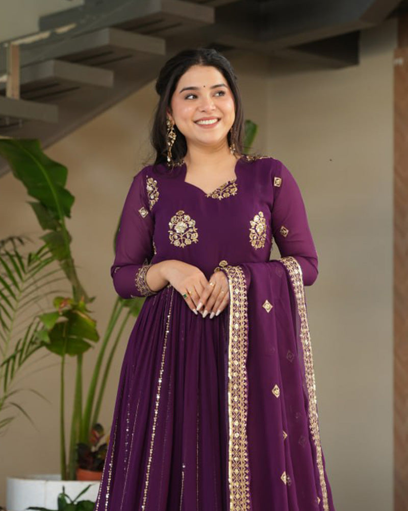 Royal Purple Color Faux Blooming Gown With Embroidered Dupatta