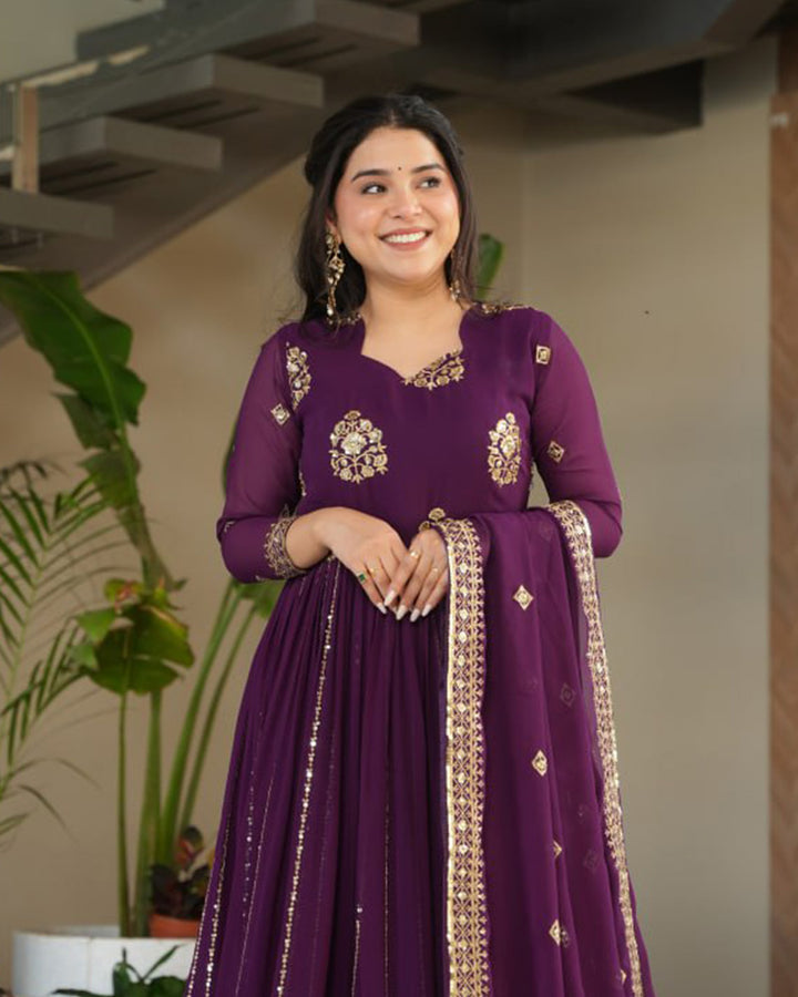 Royal Purple Color Faux Blooming Gown With Embroidered Dupatta