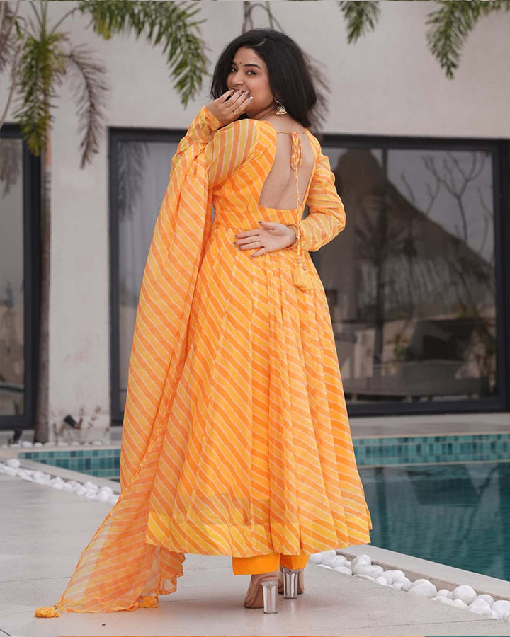Yellow Color Tabby Organza Three Piece Anarkali Suit