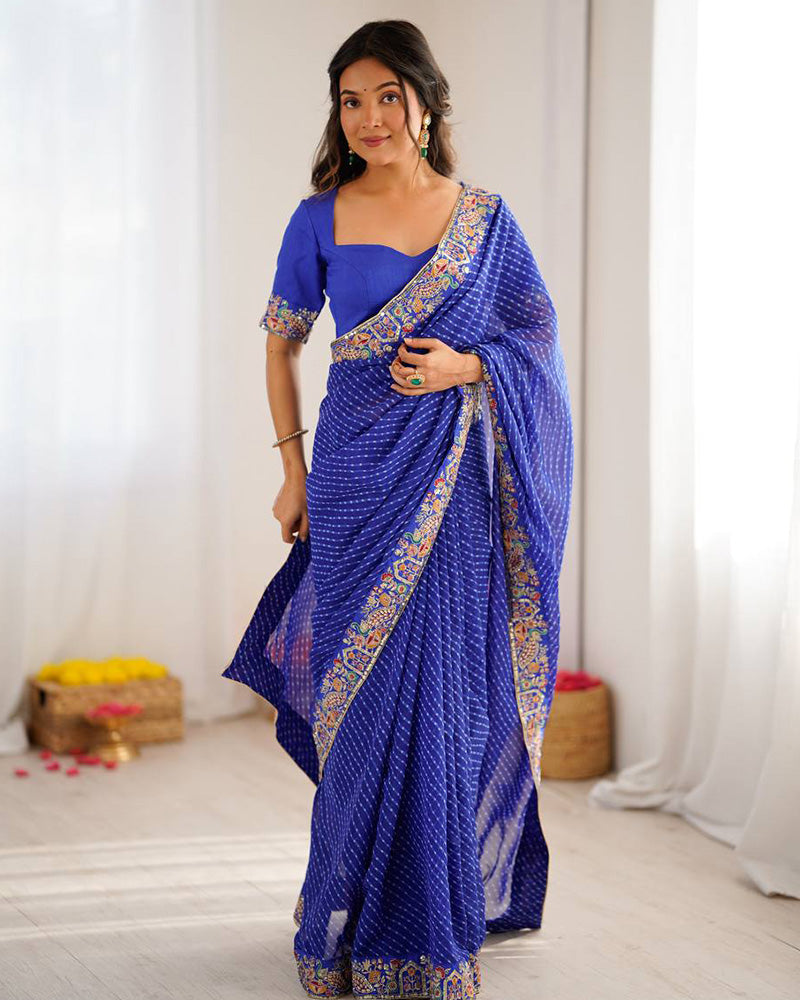 Blue Color Faux Georgette Bandhej Print Saree