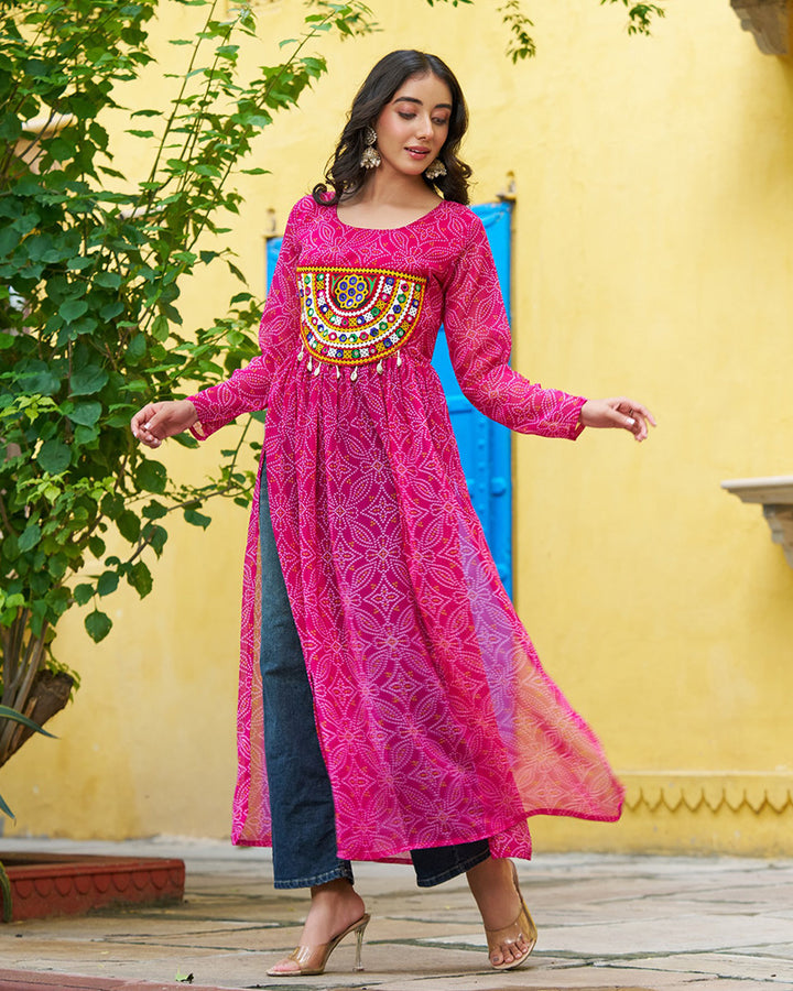Elegant Pink Georgette Bandhani Print Kurti