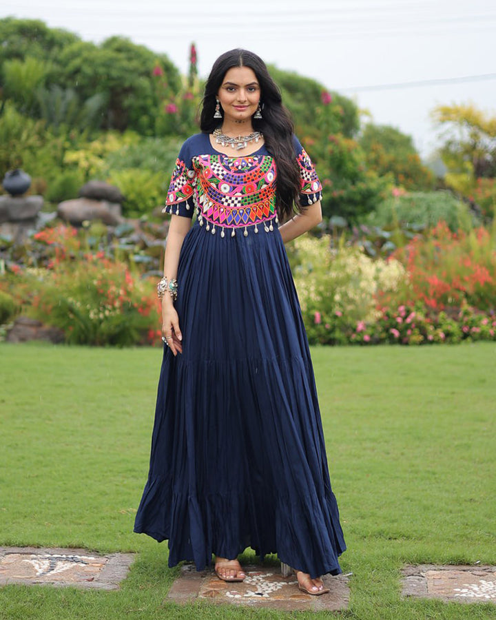 Navratri Wear Royal Blue Color Rayon Gamthi Work Gown