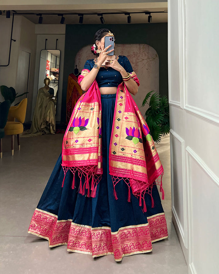 Navy Blue Color Vichitra Silk Paithani Lehenga Choli