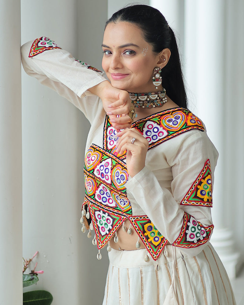 Classic Off-White Navratri Lehenga Choli with Ethnic Mirror Embroidery