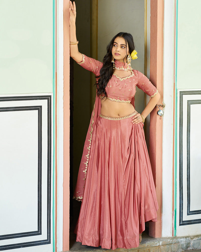 Designer Peach Color Chinon Embroidered Lehenga Choli