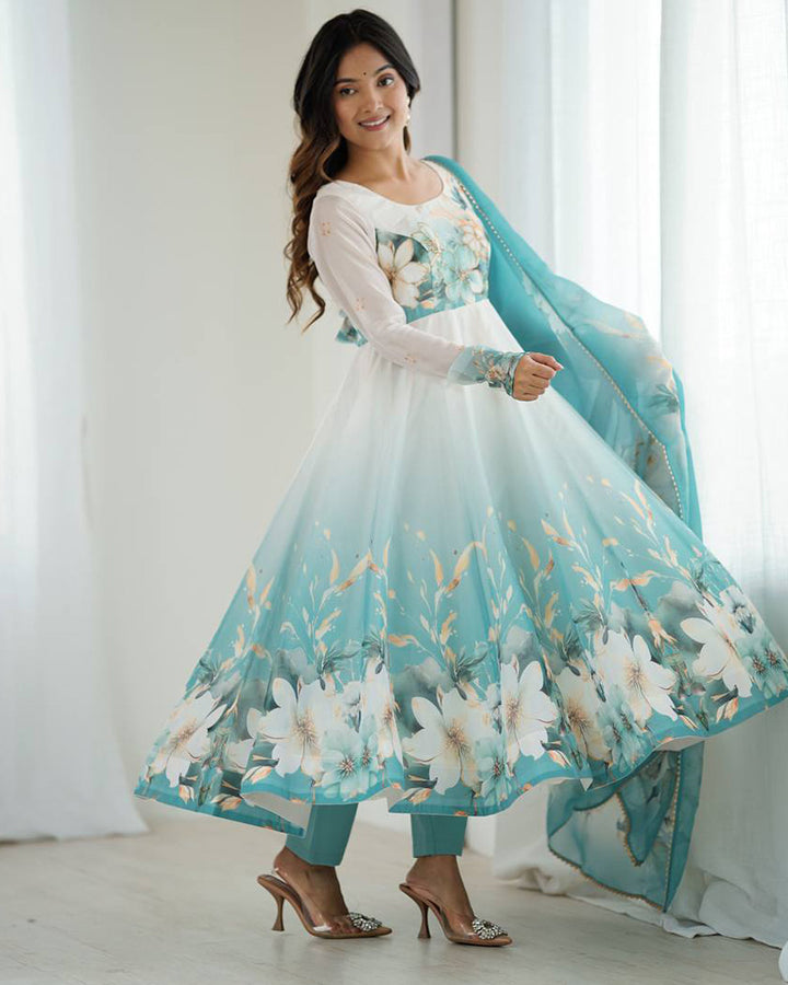 Aqua Blue Color Organza Silk Three Piece Anarkali Suit