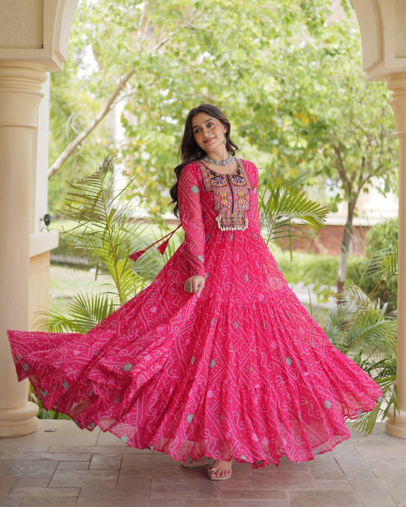 Pink Color Bandhani Print Faux Georgette Navratri Gown