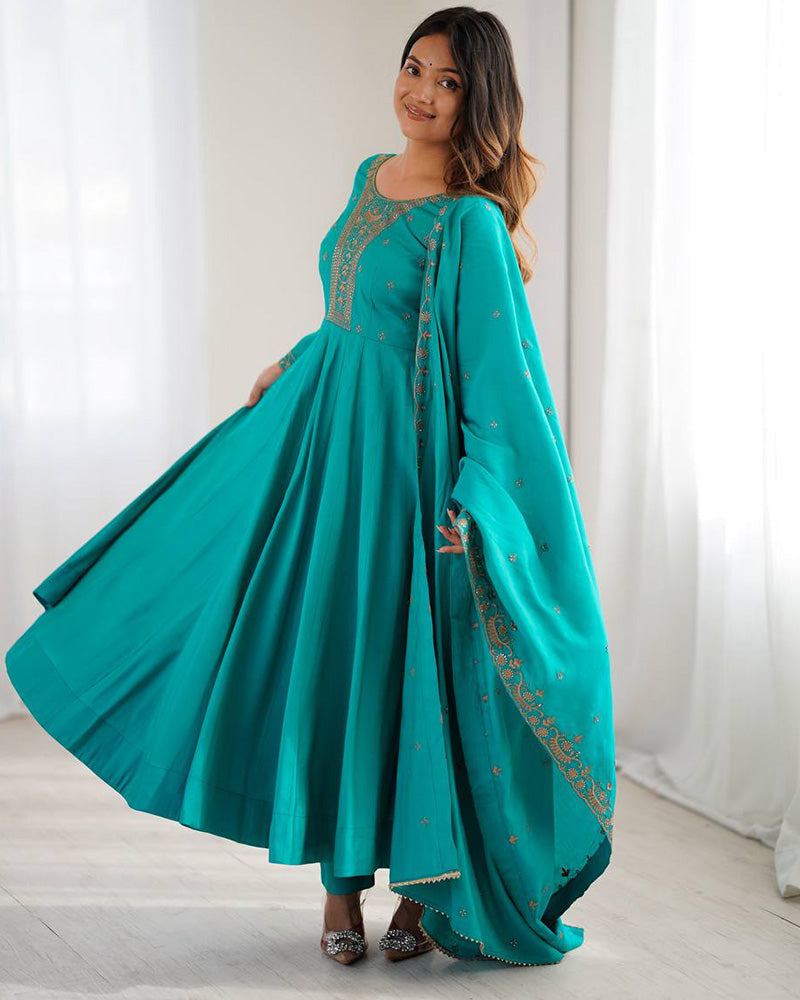 Rama Color Pure Chanderi Silk Three Piece Anarkali Suit