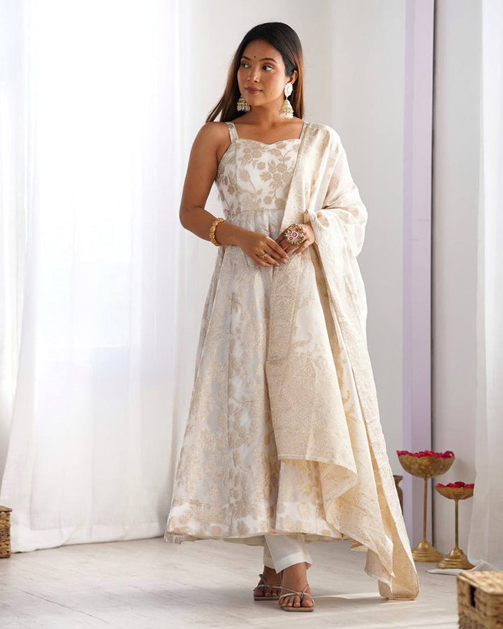 Off-White Color Banarasi Jacquard Silk Anarkali Suit