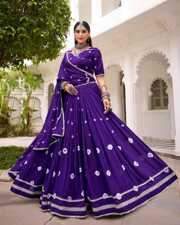 Purple Color Pure Chanderi Bandhej Print Lehenga Choli