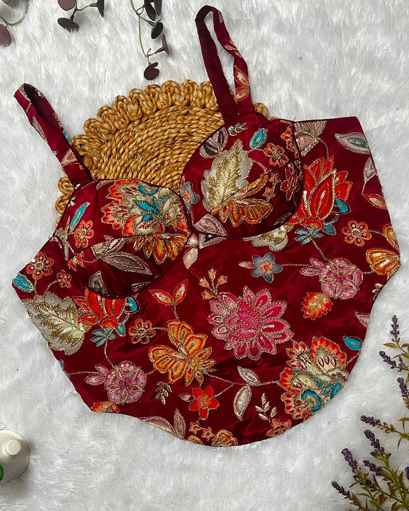 Maroon Color Rumali Silk Embroidered Spaghetti Blouse