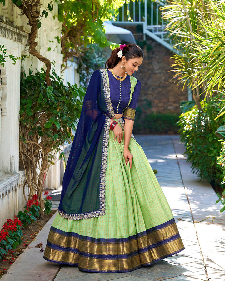 Designer Pista Color Zari Chex Lehenga Choli