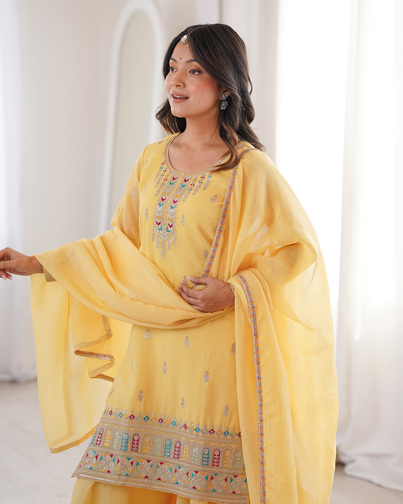 Yellow Color Crunchy Silk Embroidered Plazzo Suit