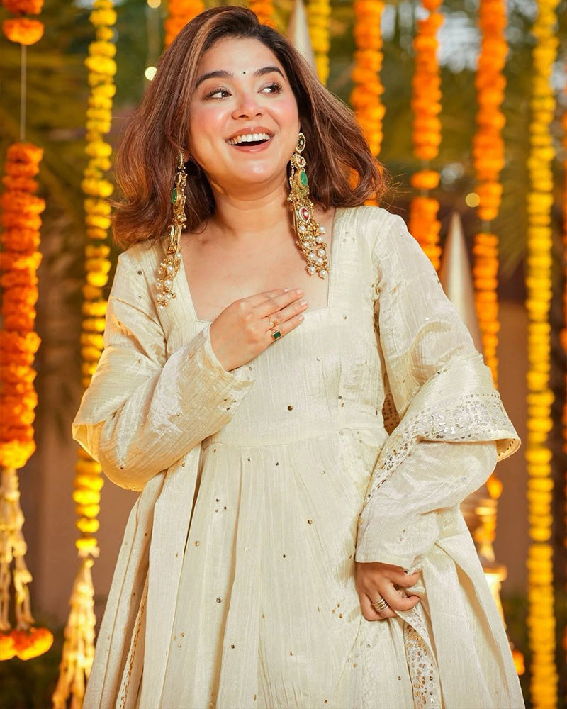 Cream Color Chinnon Silk Mukaish Work Plazzo Suit